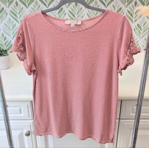 LOFT Pink and White Striped Ruffle Sleeve Tee Medium